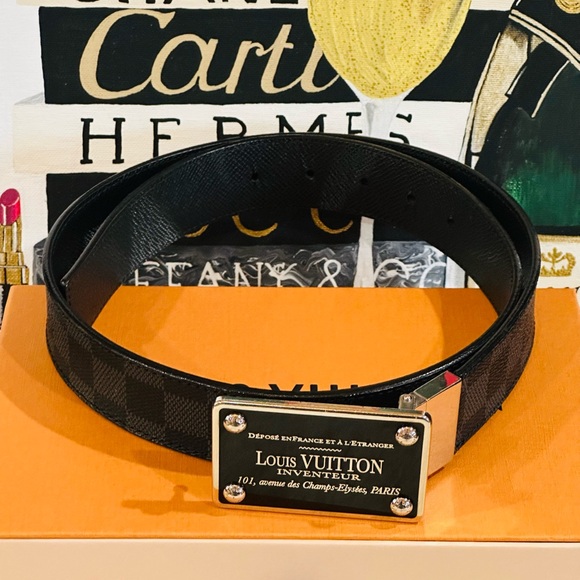 Louis Vuitton Accessories - LOUIS VUITTON Damier Graphite Belt w/ Logo Silver Buckle Size 85-34 Unisex w/COA